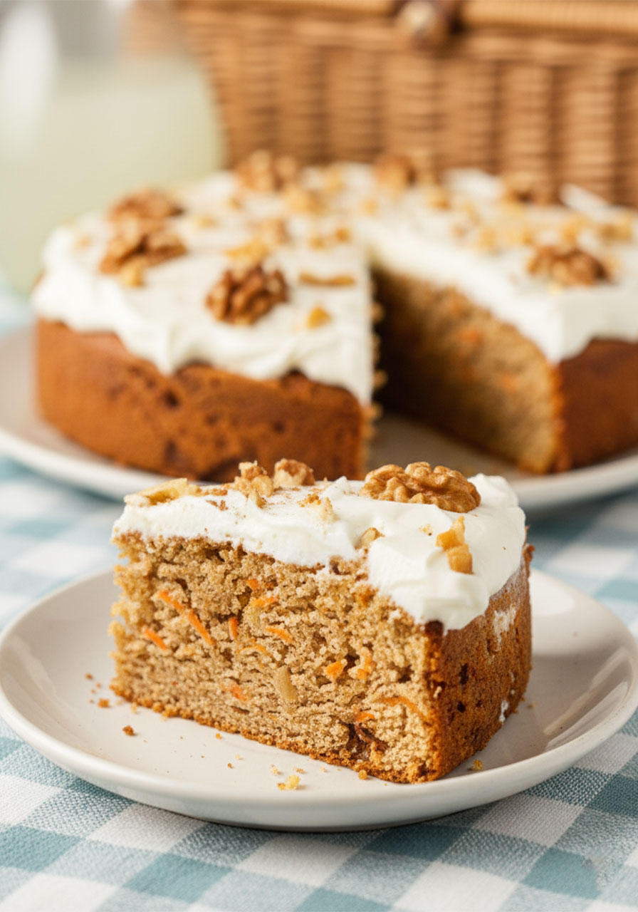 Single slice of moist sugar free carrot cake showing golden almond flour crumb with carrot shreds, topped with white cream cheese frosting and walnut, low carb keto dessert