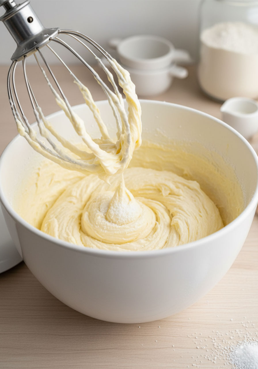 Creaming softened butter and monk fruit sweetener in stand mixer for sugar free lemon cookies