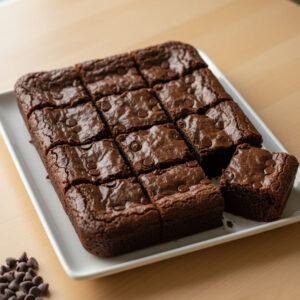 Nine sliced sugar free Greek yogurt brownie squares arranged on white serving plate showing fudgy chocolate interior and melted chocolate chips