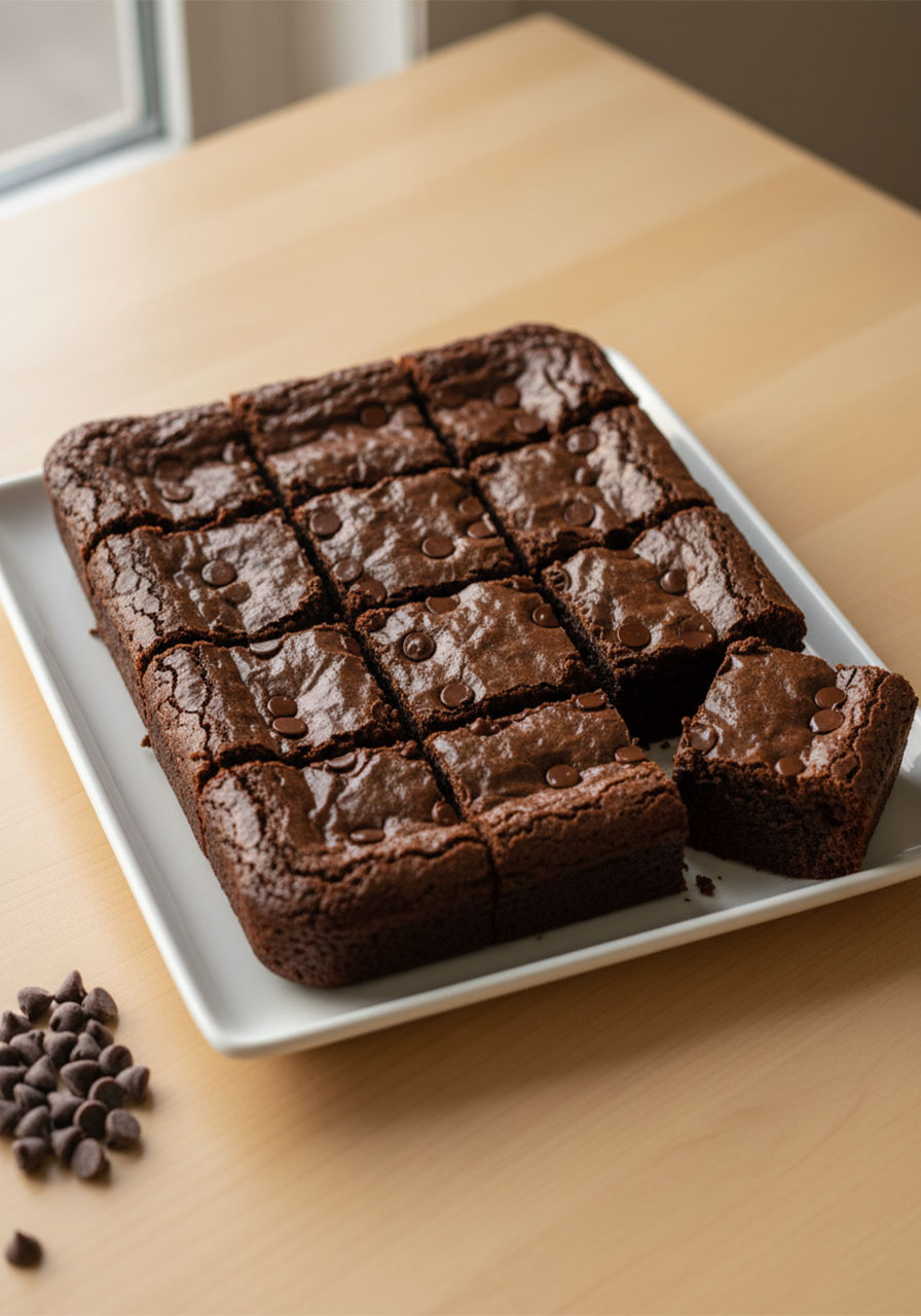 Nine sliced sugar free Greek yogurt brownie squares arranged on white serving plate showing fudgy chocolate interior and melted chocolate chips