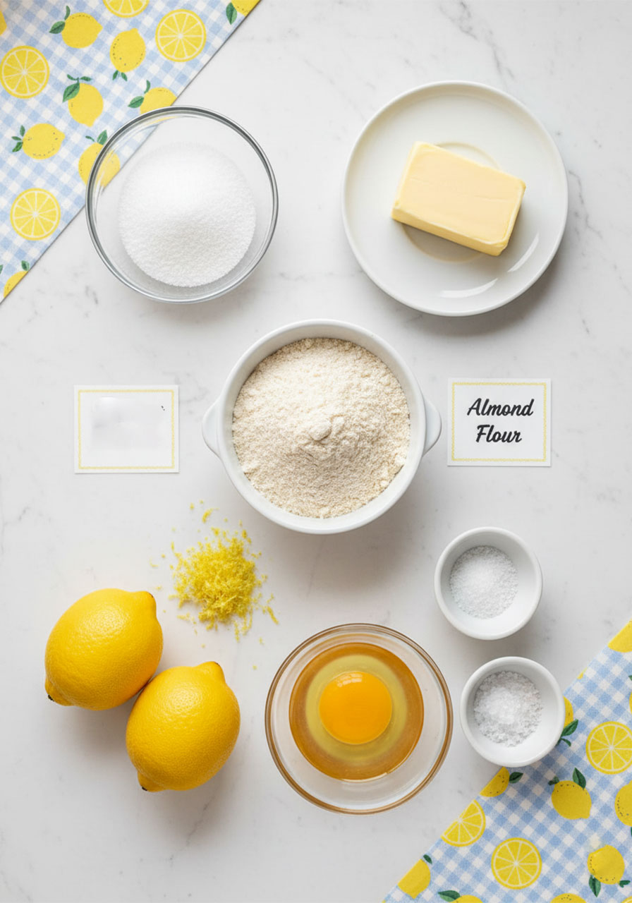Flat lay of 8 ingredients for moist sugar free lemon cookies including almond flour monk fruit and fresh lemons