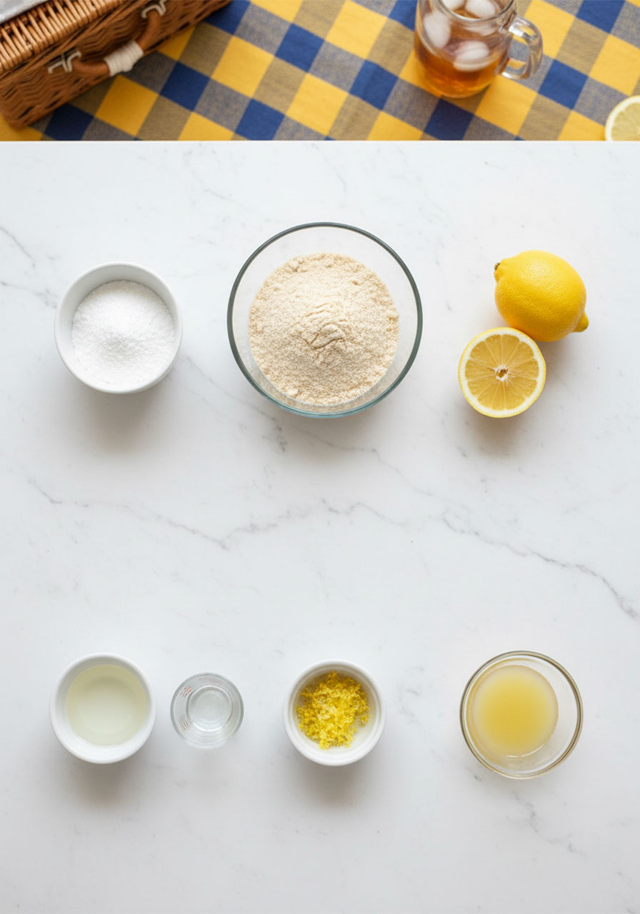 Flat lay of all sugar free lemon cookie ingredients including almond flour, powdered sweetener, egg whites, lemon zest, and fresh lemon juice on white marble