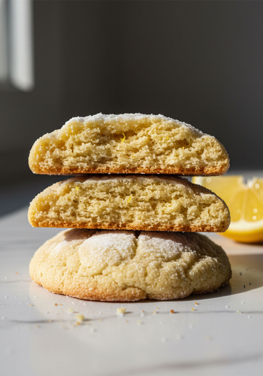 Close up of a broken sugar free lemon cookie showing soft pale yellow almond flour crumb texture with lemon zest and powdered sweetener coating