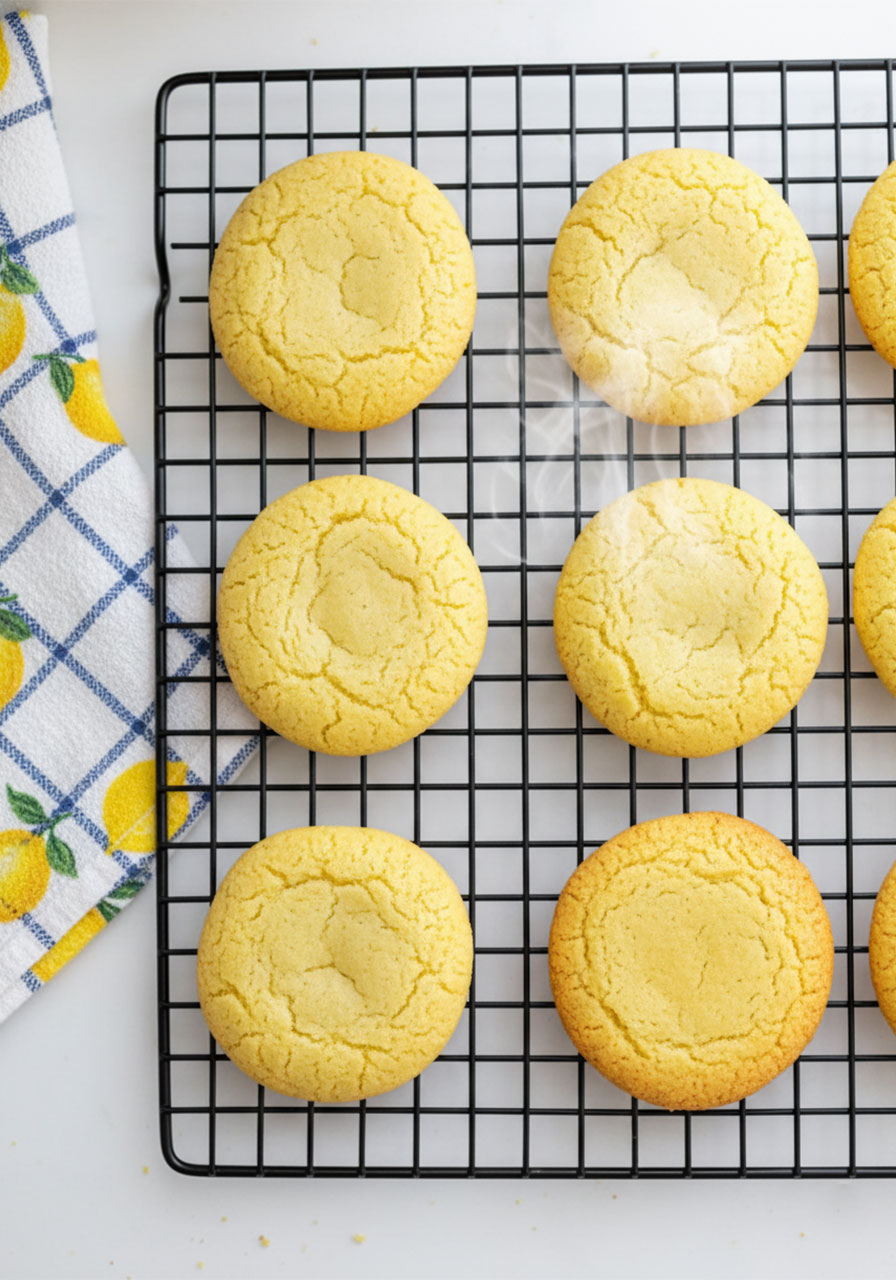 Freshly baked moist sugar free lemon cookies cooling on wire rack with golden edges