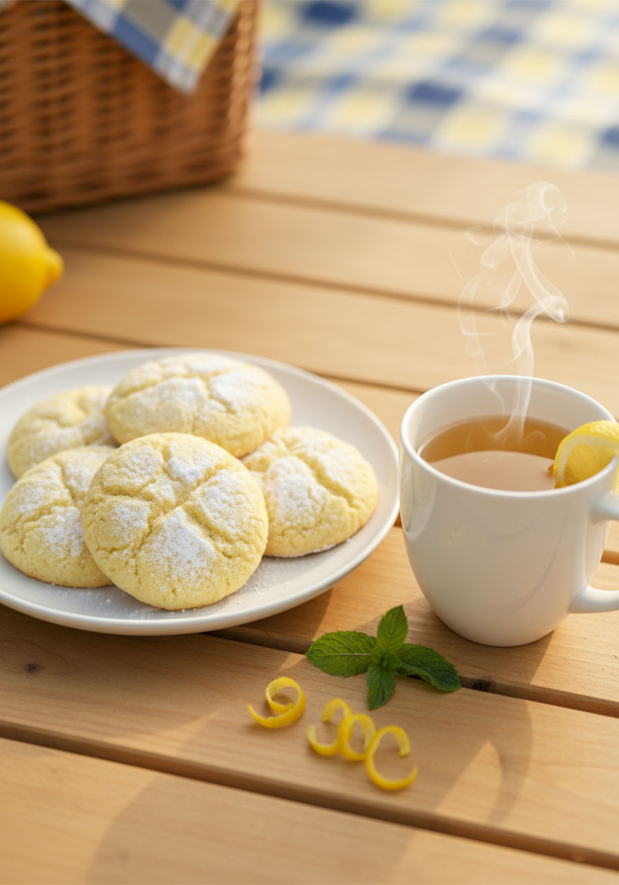 Sugar free lemon cookies on a white ceramic plate served alongside a cup of herbal tea on a warm wooden table, a healthy low carb snack for diabetics