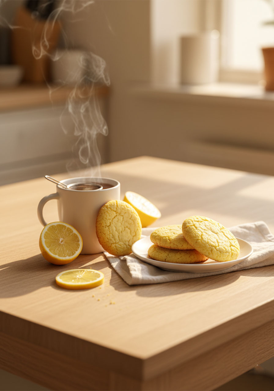 Sugar free lemon cookies served with Earl Grey tea as a low sugar afternoon snack