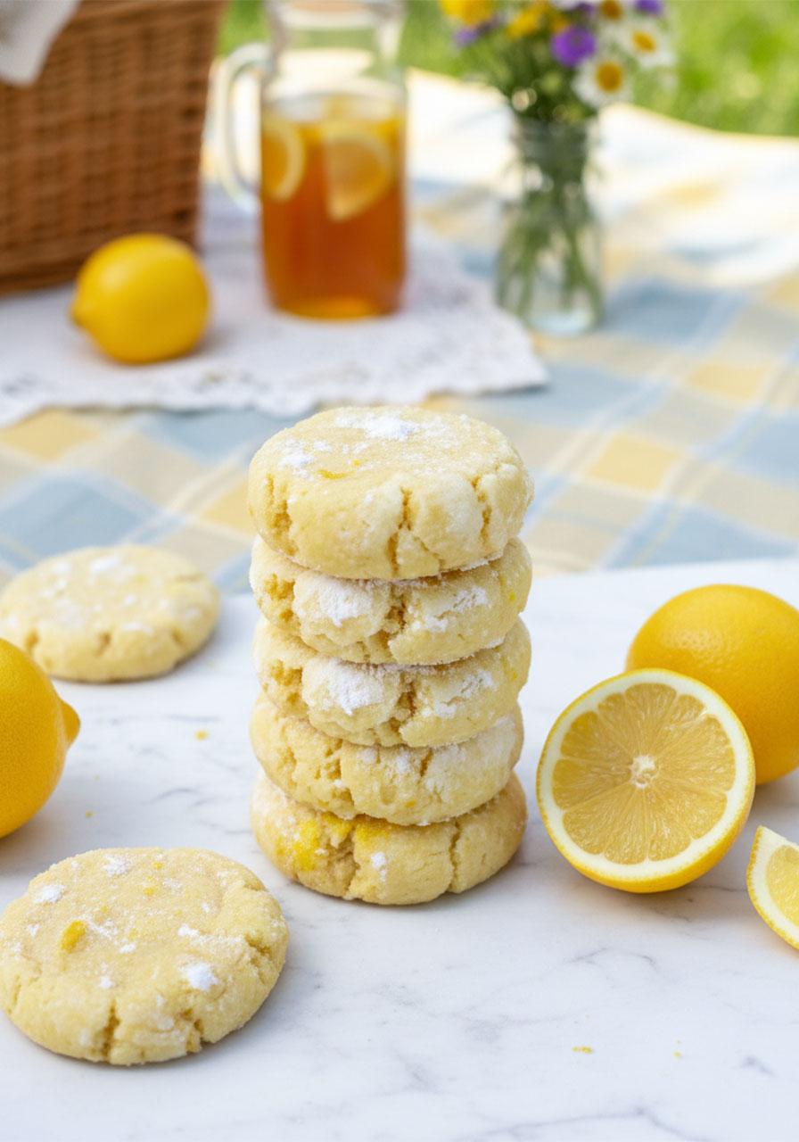 Stack of sugar free lemon cookies dusted with powdered sweetener on white marble surface with fresh lemon