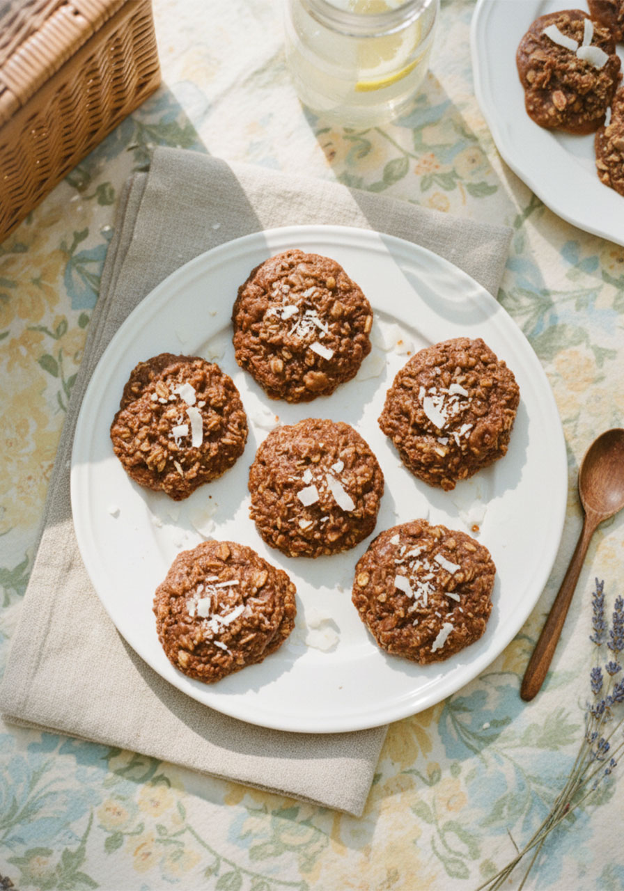 Six sugar free no bake cookies with shredded coconut on a white plate — keto dessert recipe
