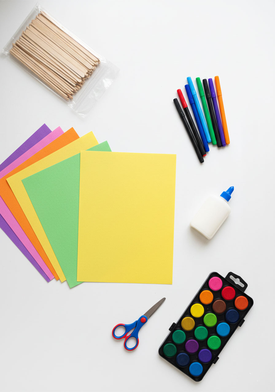 Craft supplies for summer popsicle tissue paper craft including popsicle sticks, tissue paper, construction paper, glue, scissors, and markers