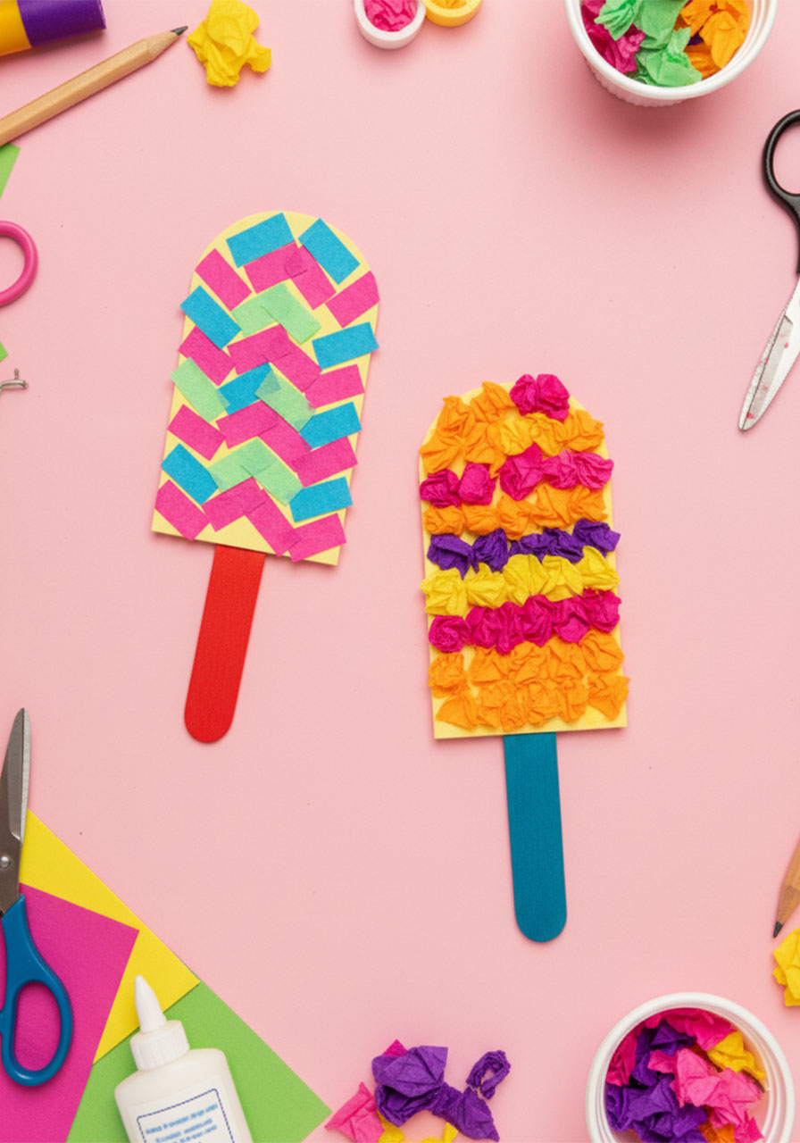 Two completed summer popsicle tissue paper crafts with colorful mosaic and ruffle stripe designs on pink background