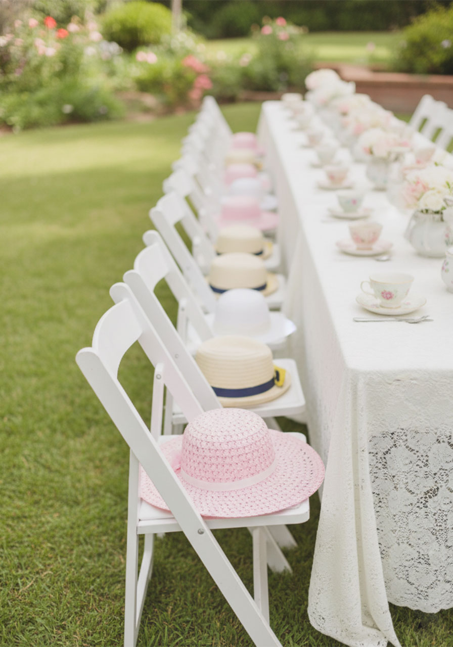 Pink and cream sun hats placed on white folding chairs for a pink vintage tea party guest welcome detail