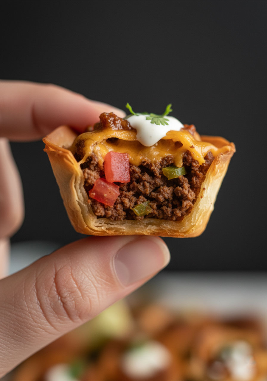 Close-up of a single taco ranch bite held in hand showing the crispy phyllo shell cross-section with seasoned beef, melted cheddar, and ranch dressing inside