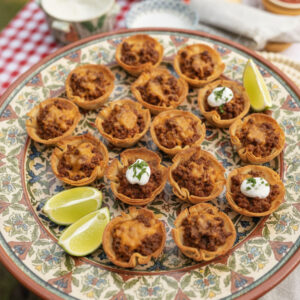 Golden crispy taco ranch bites in phyllo shells topped with sour cream and cilantro on a colorful ceramic platter — easy party finger food for a crowd