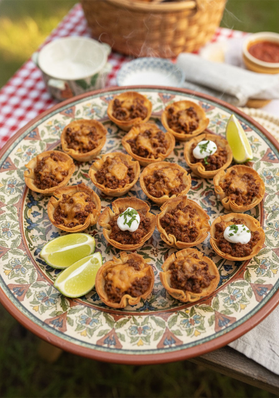 Golden crispy taco ranch bites in phyllo shells topped with sour cream and cilantro on a colorful ceramic platter — easy party finger food for a crowd