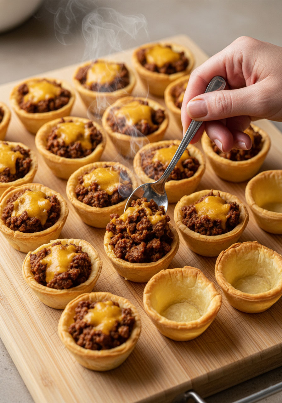 Hand spooning cheesy taco beef mixture into frozen phyllo tart shells lined up on a cutting board — taco ranch bites assembly step for easy party appetizer