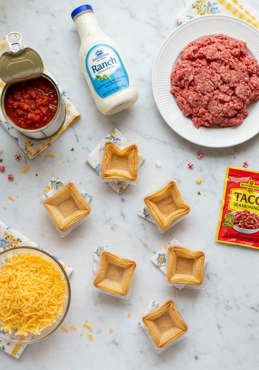 Flat-lay of all taco ranch bites ingredients including ground beef, taco seasoning, diced tomatoes, cheddar cheese, ranch dressing, and frozen phyllo tart shells on white marble surface