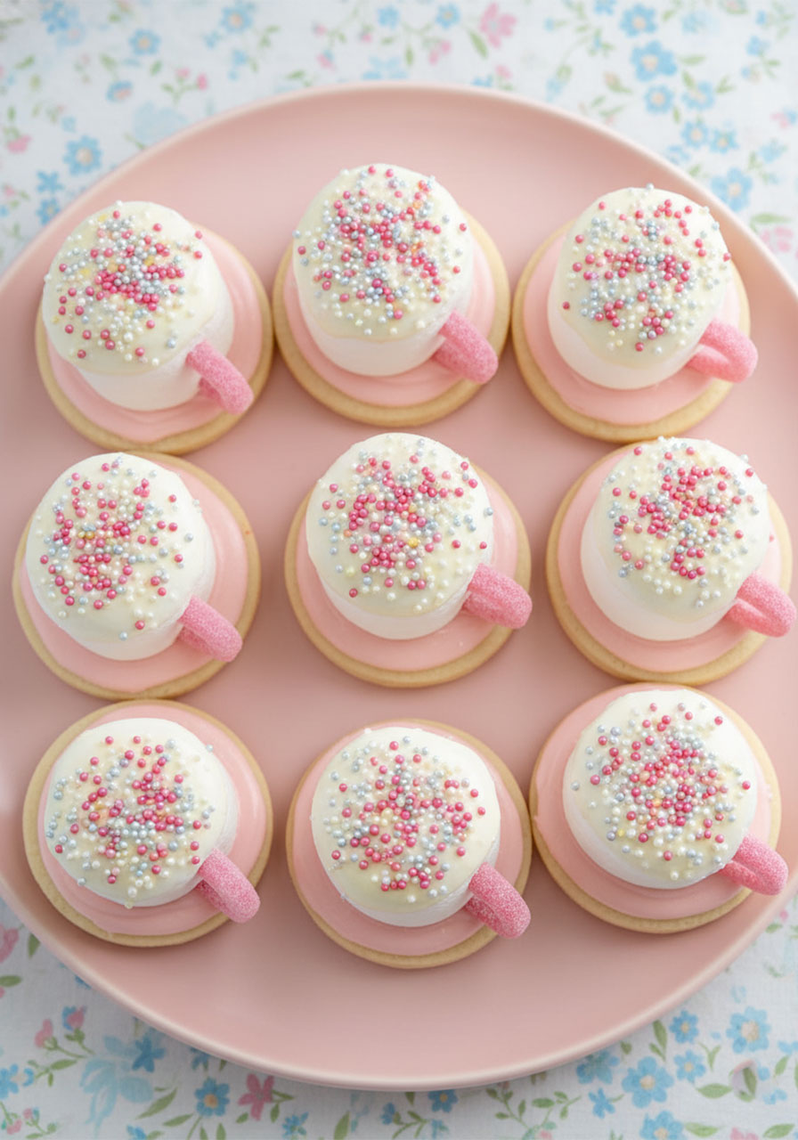 Adorable tea cup cookies made from pink-frosted sugar cookies, marshmallows with candy ring handles, and nonpareil sprinkles on top, perfect for a kids tea party
