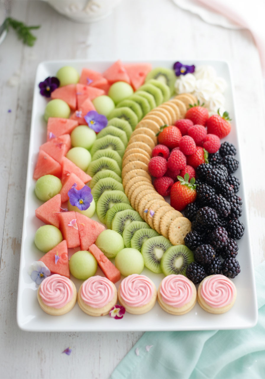 Pretty tea party dessert and fruit platter with kiwi, berries, crackers and pink buttercream rosette cookies — elegant and easy party spread idea