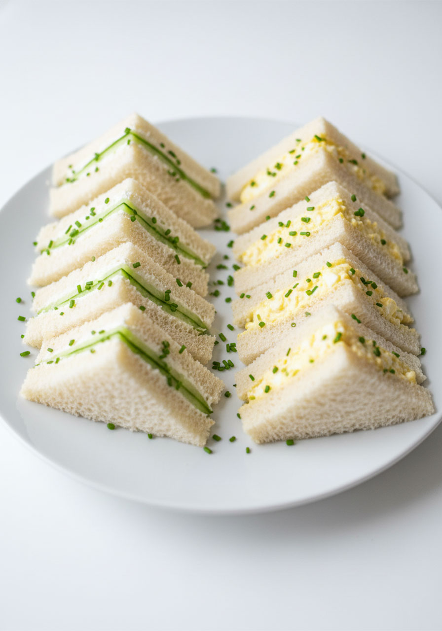 Crustless cucumber cream cheese and egg salad tea party finger sandwiches arranged on a white plate, cut into triangles and rectangles
