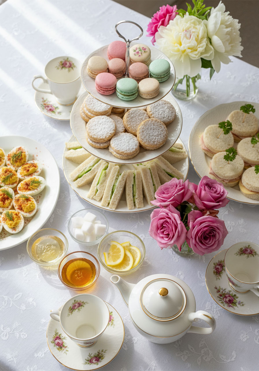 Elegant tea party food spread with three-tier stand, cucumber sandwiches, deviled eggs, petite fours, and floral teacups on white linen tablecloth