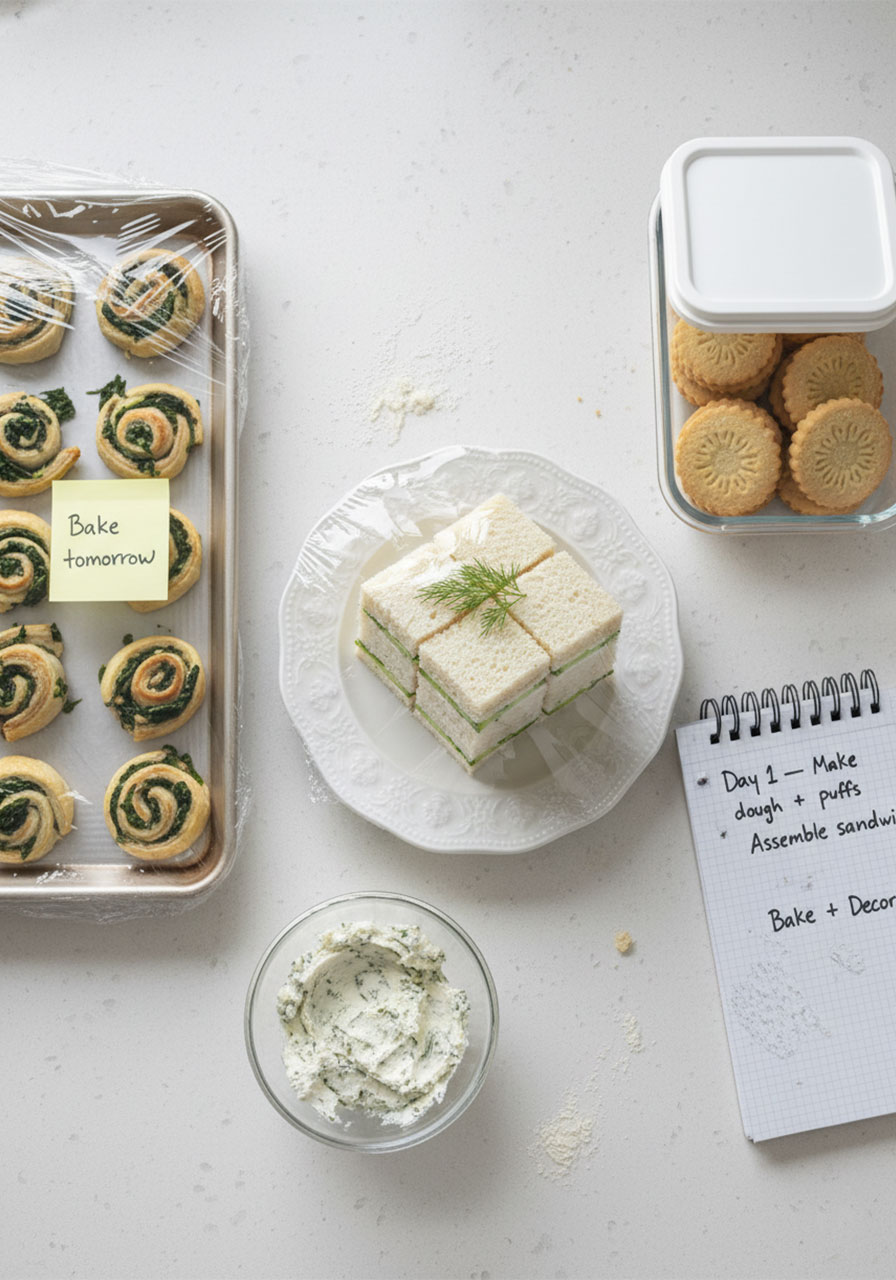Make-ahead tea party food prep flat-lay with unbaked spinach puffs, wrapped cucumber sandwiches, and shortbread cookies organized on kitchen counter with prep notes
