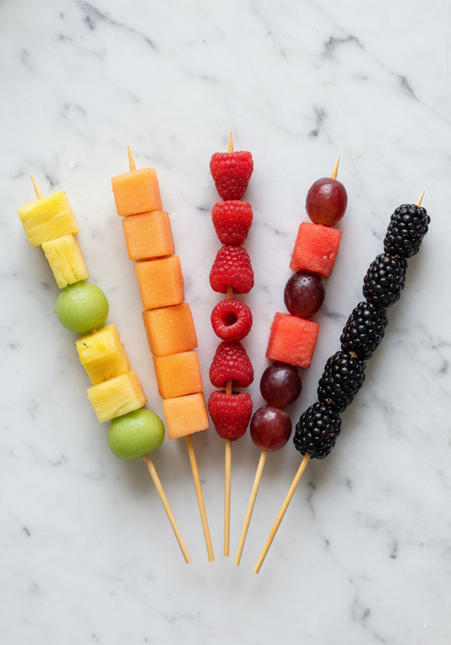 Colorful rainbow fruit skewers with strawberries, grapes, pineapple and melon — easy fresh fruit tea party snacks for kids