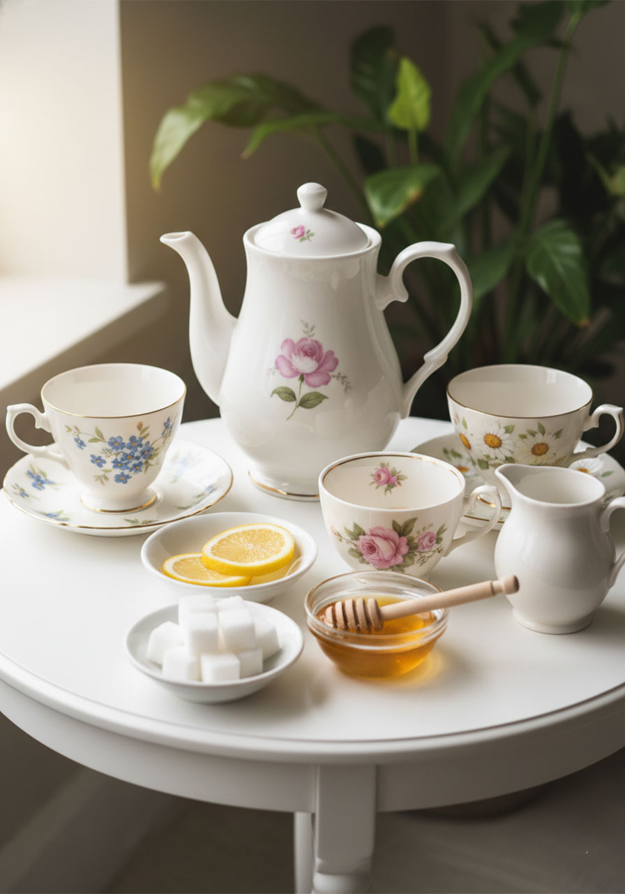 Charming tea party service station with mismatched vintage floral teacups, white teapot, sugar cubes, honey, and lemon slices arranged on a round white table