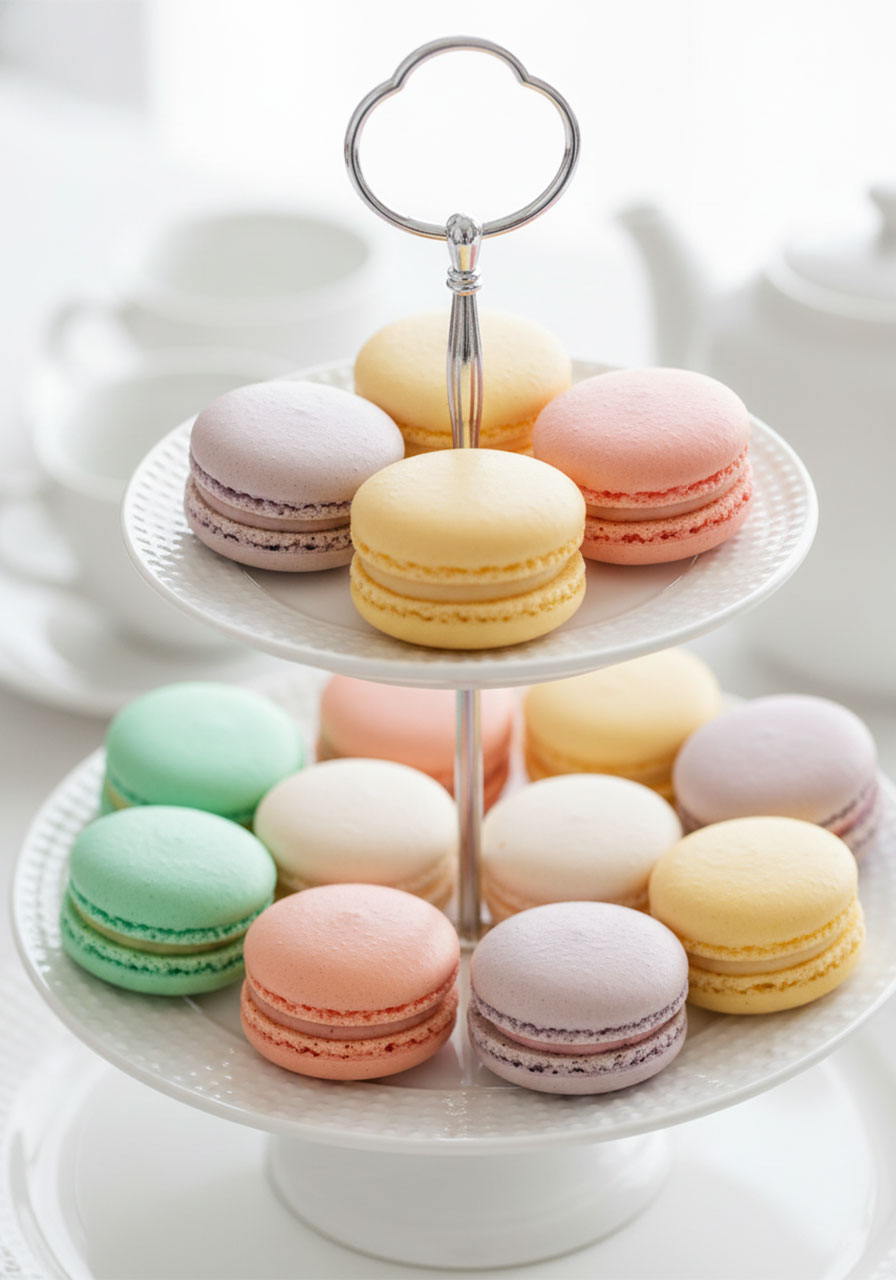 Pastel macarons in lavender, pink, mint and yellow on a white tiered tray — elegant easy sweet bites for a tea party spread