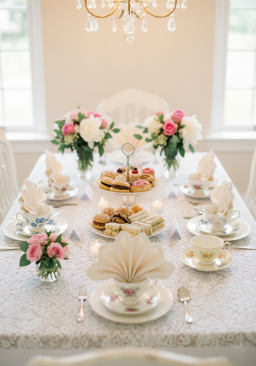 Fully decorated tea party table with white lace cloth, tiered food stand, mismatched floral teacups, fresh flower arrangements, and candles for an elegant gathering