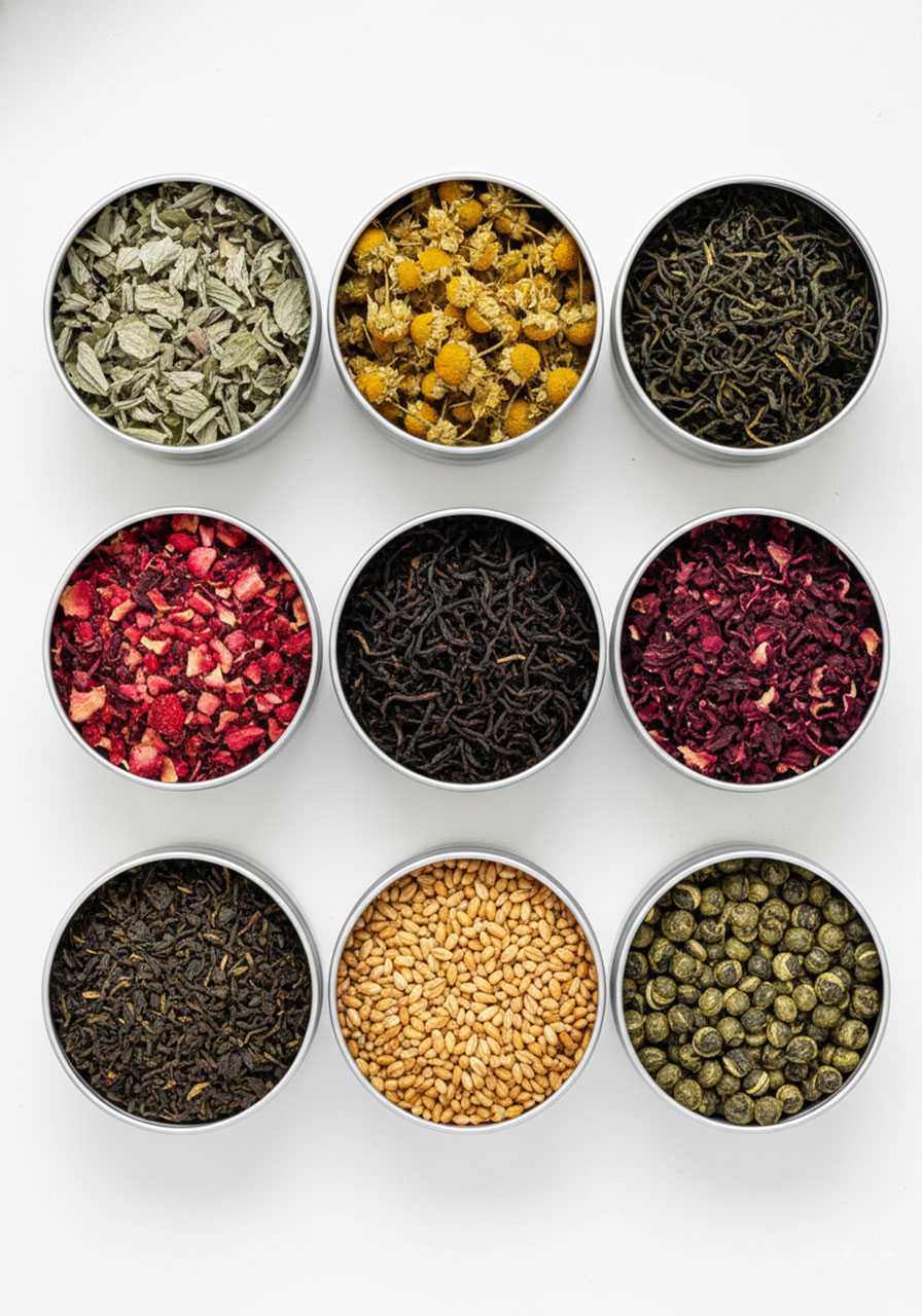 Nine varieties of loose leaf tea in open tins including black, green, herbal and floral blends — best drink pairings for a tea party snack spread