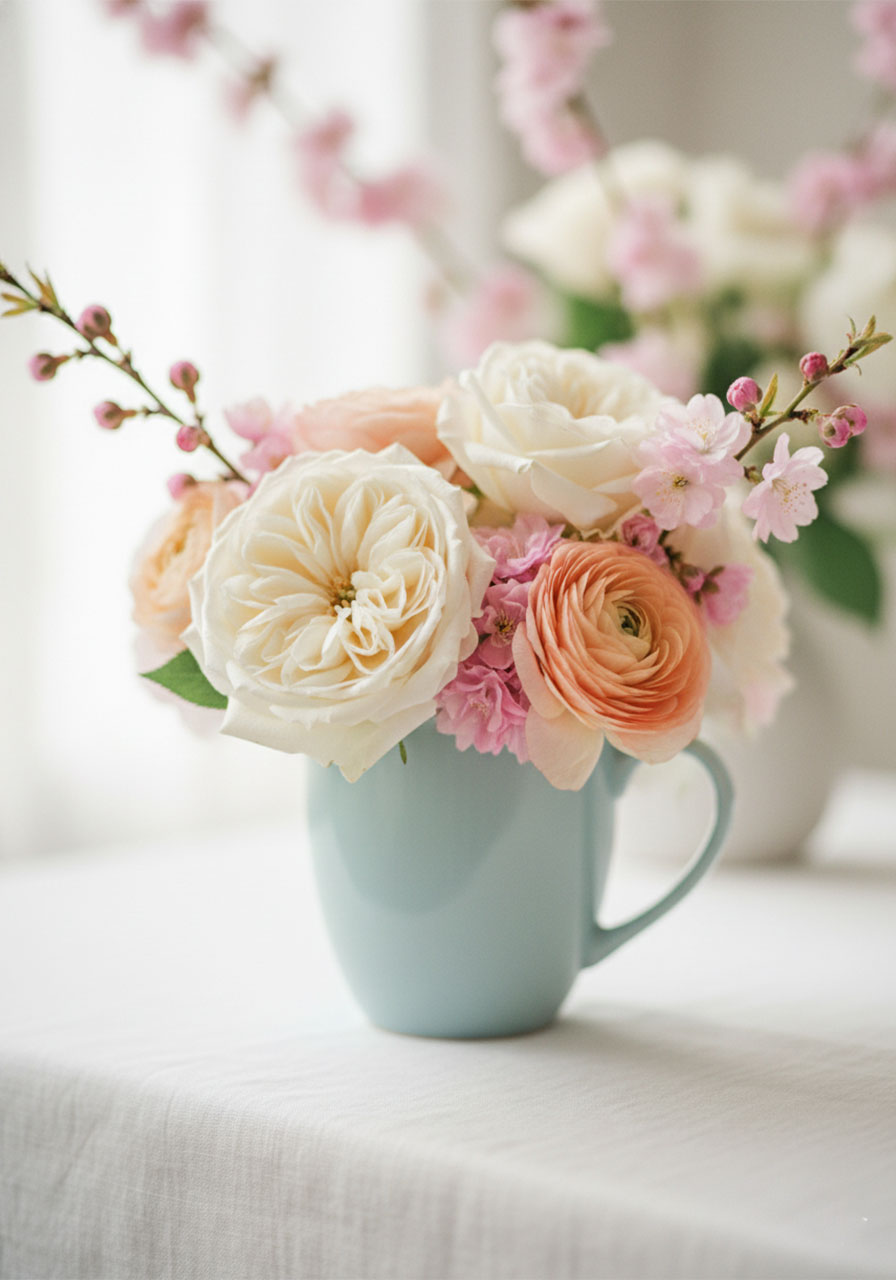 Pale blue tea mug filled with cream roses and peach ranunculus as a delicate tea party centerpiece