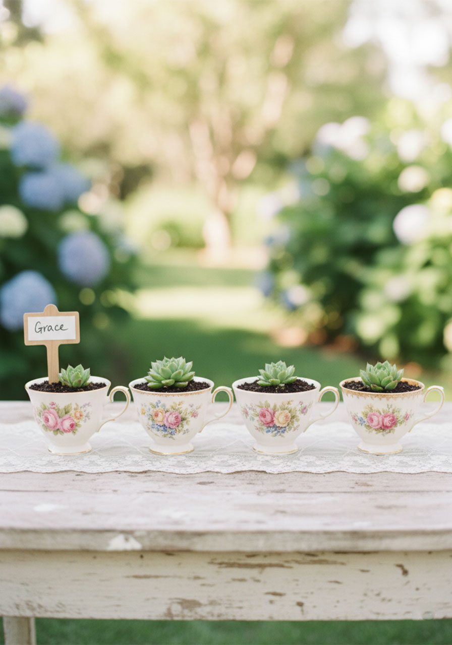 DIY tea party favor ideas featuring succulents planted in vintage floral teacups.