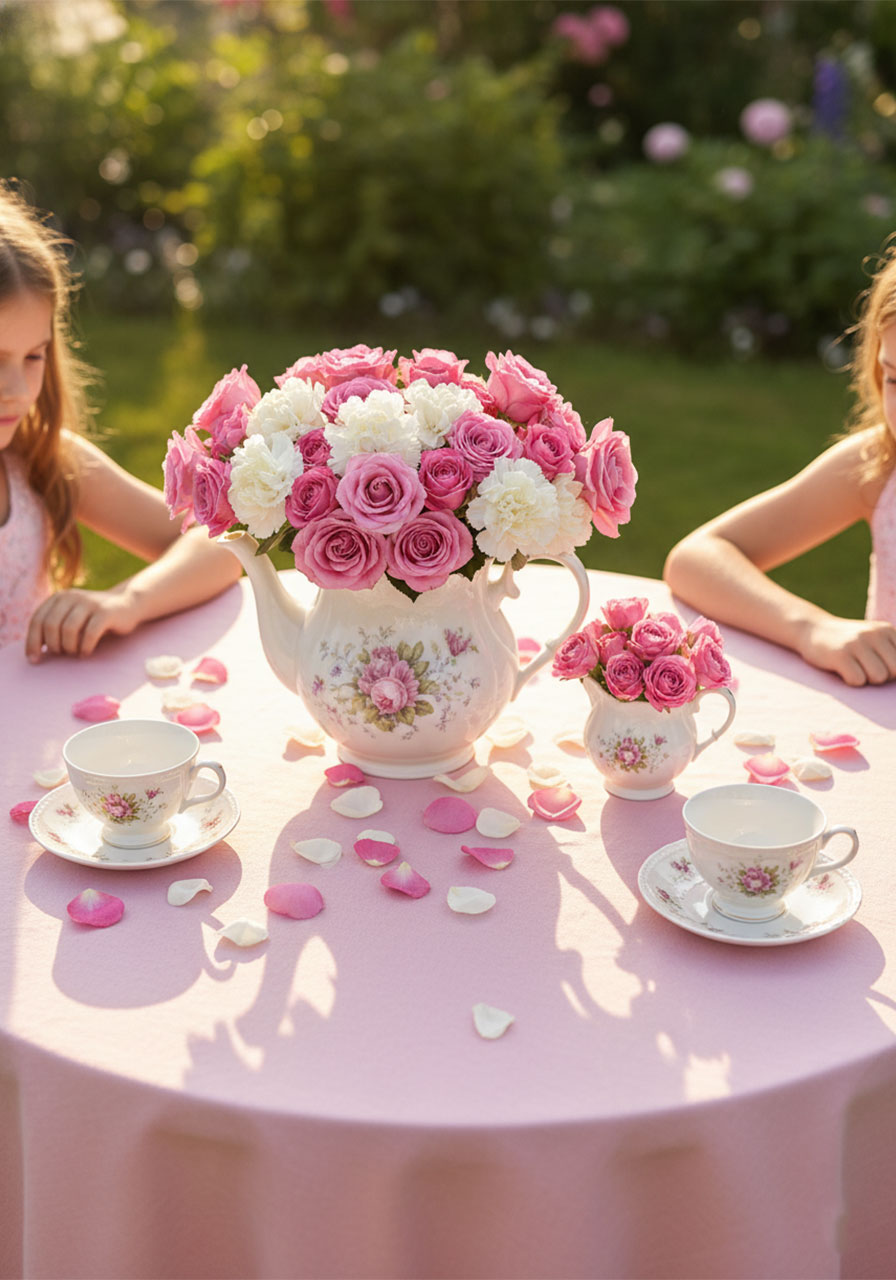 White teapot filled with pink roses as a floral centerpiece for an outdoor garden tea party table