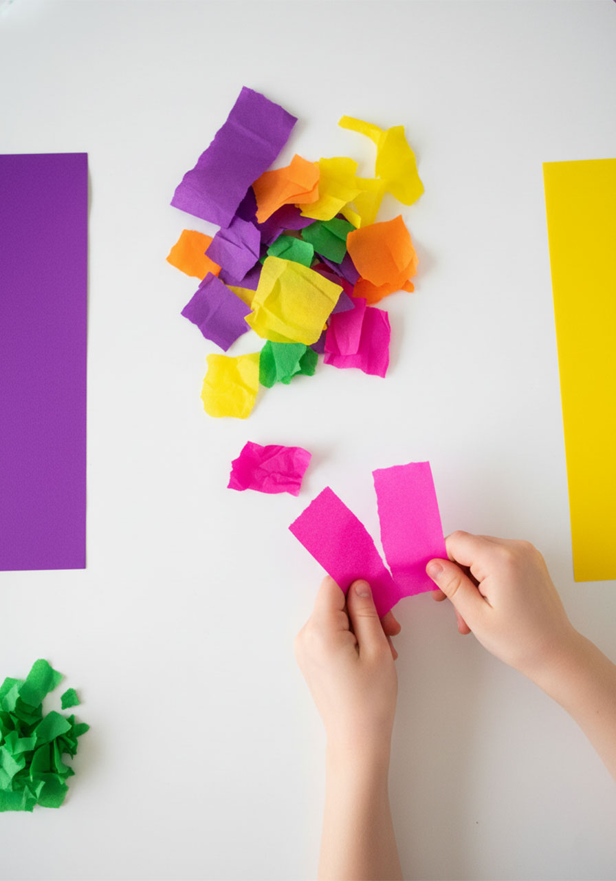 Young child's hands tearing colorful tissue paper into small pieces for summer popsicle craft
