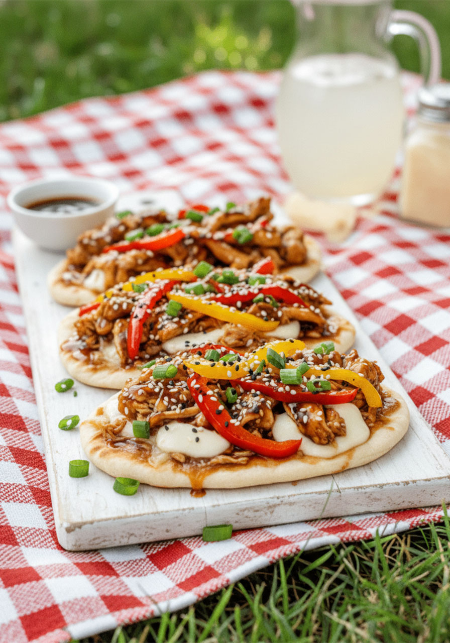 Three teriyaki chicken flatbreads with glossy sauce, bell peppers, mozzarella, green onions, and sesame seeds on marble board