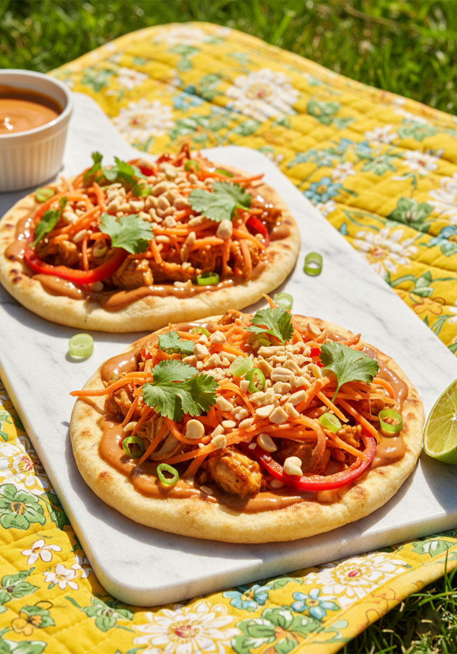 Thai chicken flatbread on naan with peanut sauce, shredded carrots, red pepper, cilantro, and crushed peanuts on marble board