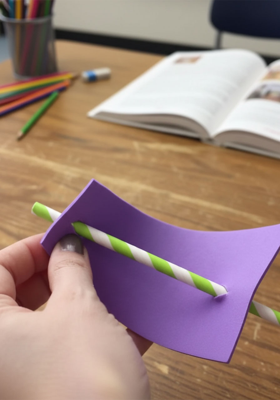 Threading a striped paper straw through slits in a purple foam sail to make a pool noodle boat mast step4a