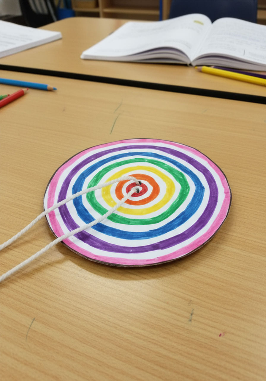 Adult hands threading white cotton twine through center holes of rainbow star pattern DIY paper spinner disc, showing correct stringing technique