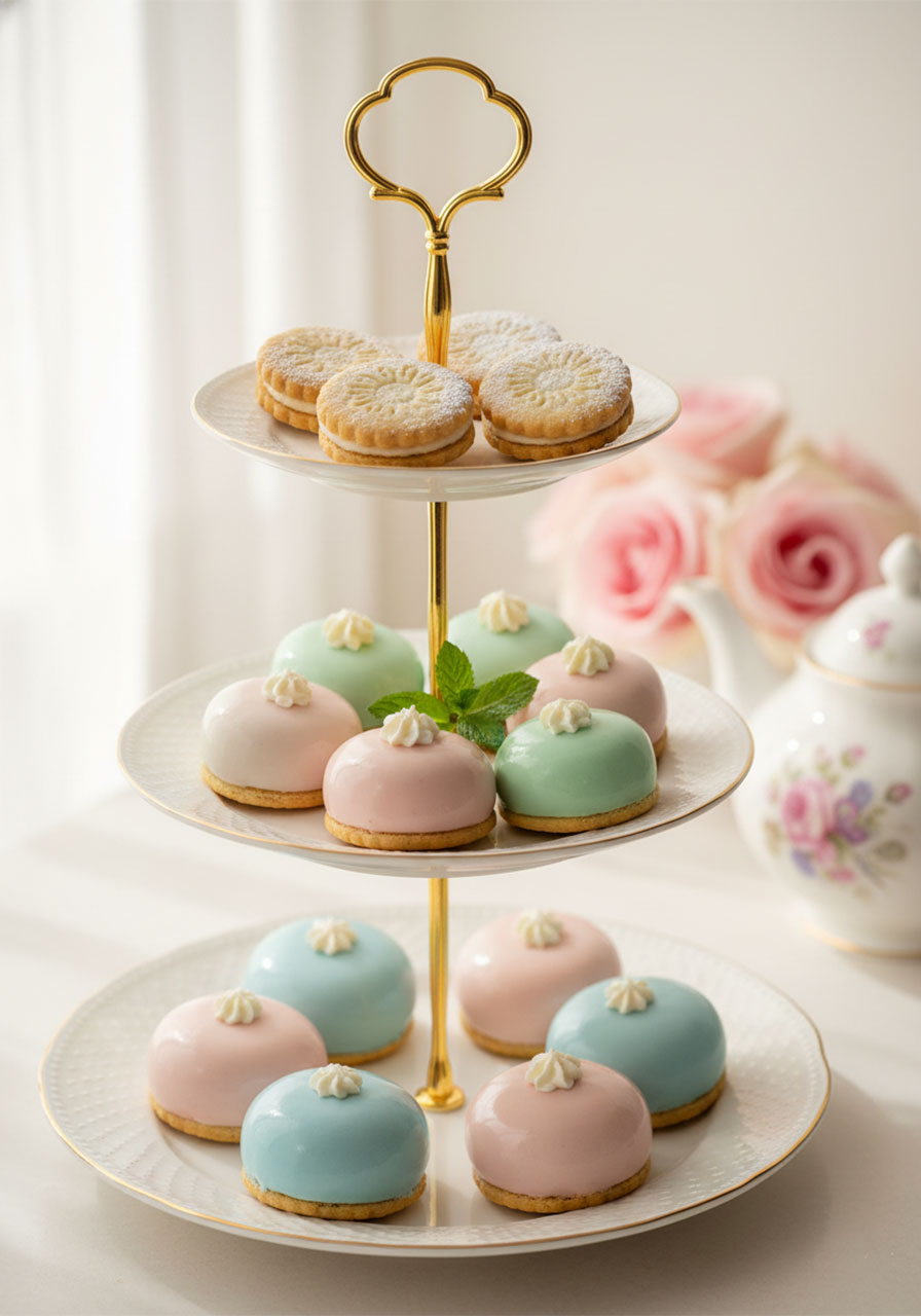 Elegant three-tier white dessert stand with pastel petite fours and powdered sugar cookies for a tea party sweet table, styled with mint and a floral teapot