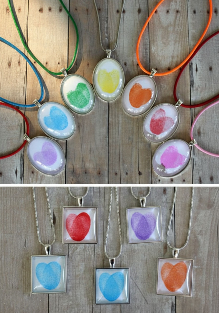 Seven finished DIY thumbprint heart necklaces flat lay — oval and square silver pendants on colorful cords, each with a colorful fingerprint heart inside