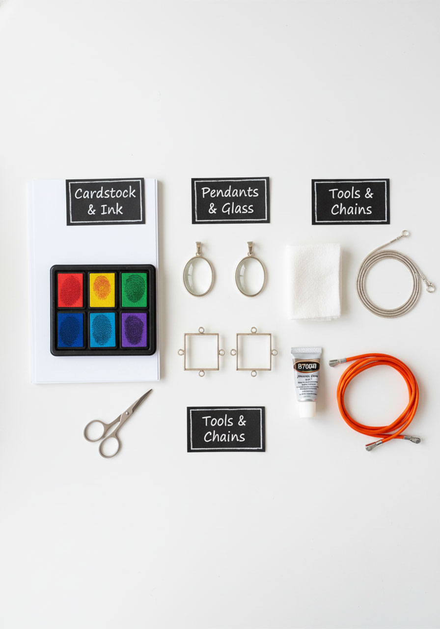 All supplies needed to make a DIY thumbprint heart necklace including cardstock, ink pads, glass cabochons, silver pendant trays, B7000 glue, and necklace cords