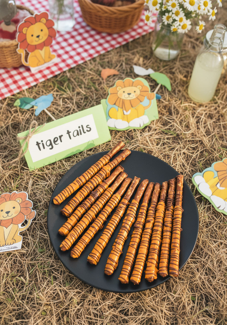 Tiger tails pretzel rods coated in orange candy melt with chocolate stripes, cute animal themed birthday snack for kids zoo party	