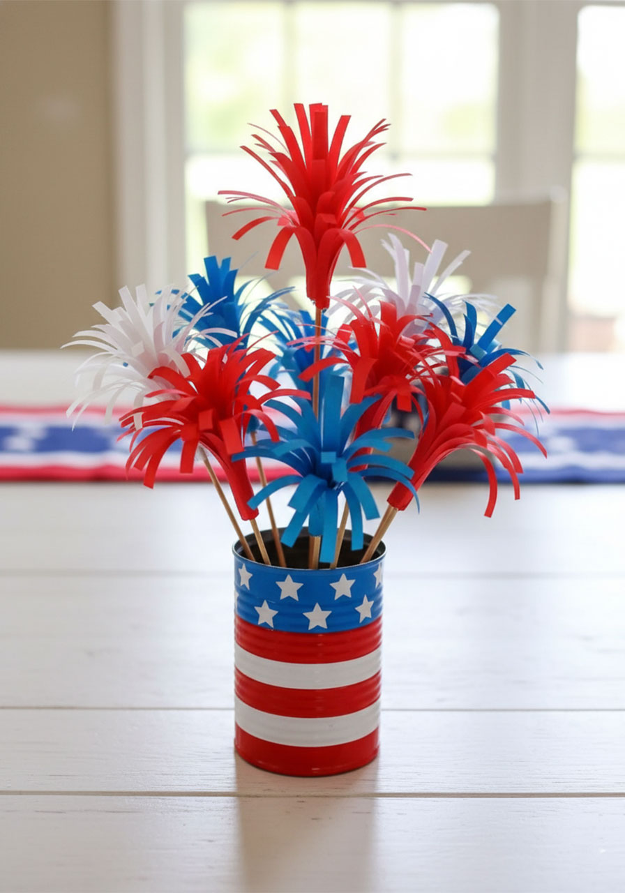 Finished tin can fireworks centerpiece with red white and blue paper fireworks on patriotic table