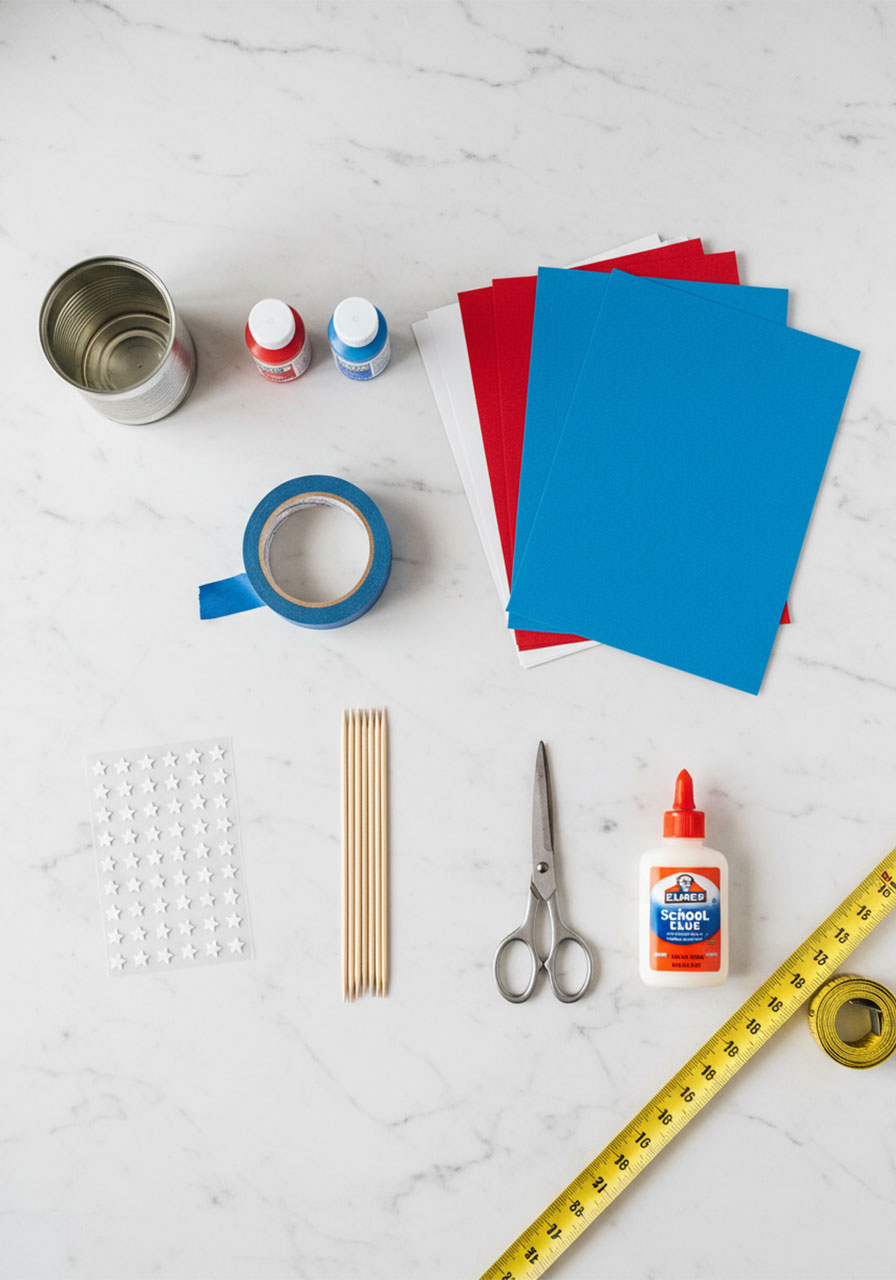 Craft supplies needed for tin can fireworks centerpiece including paint paper skewers and star stickers