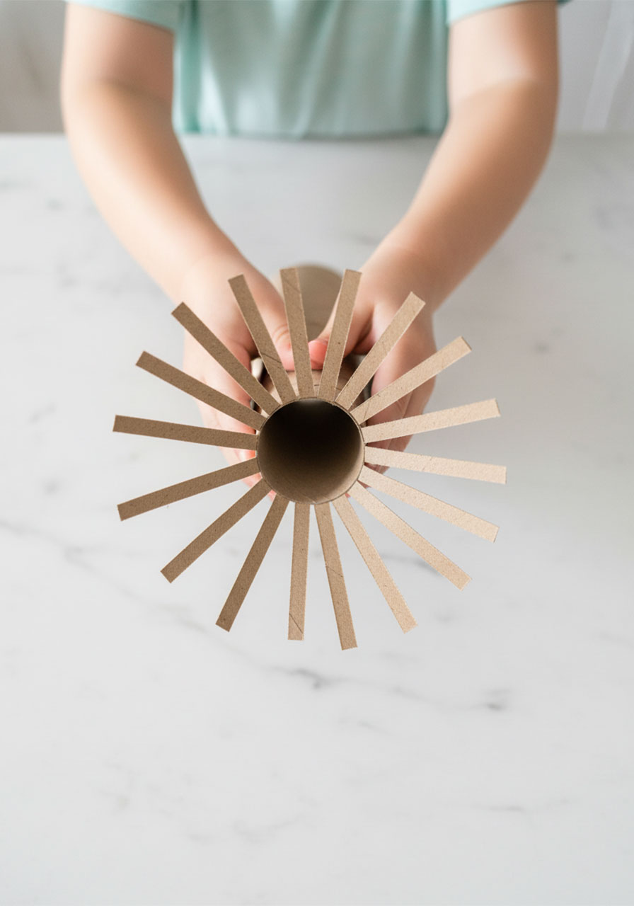 Child hands pressing cut toilet paper roll strips outward to form a firework starburst stamp shape for 4th of July kids craft