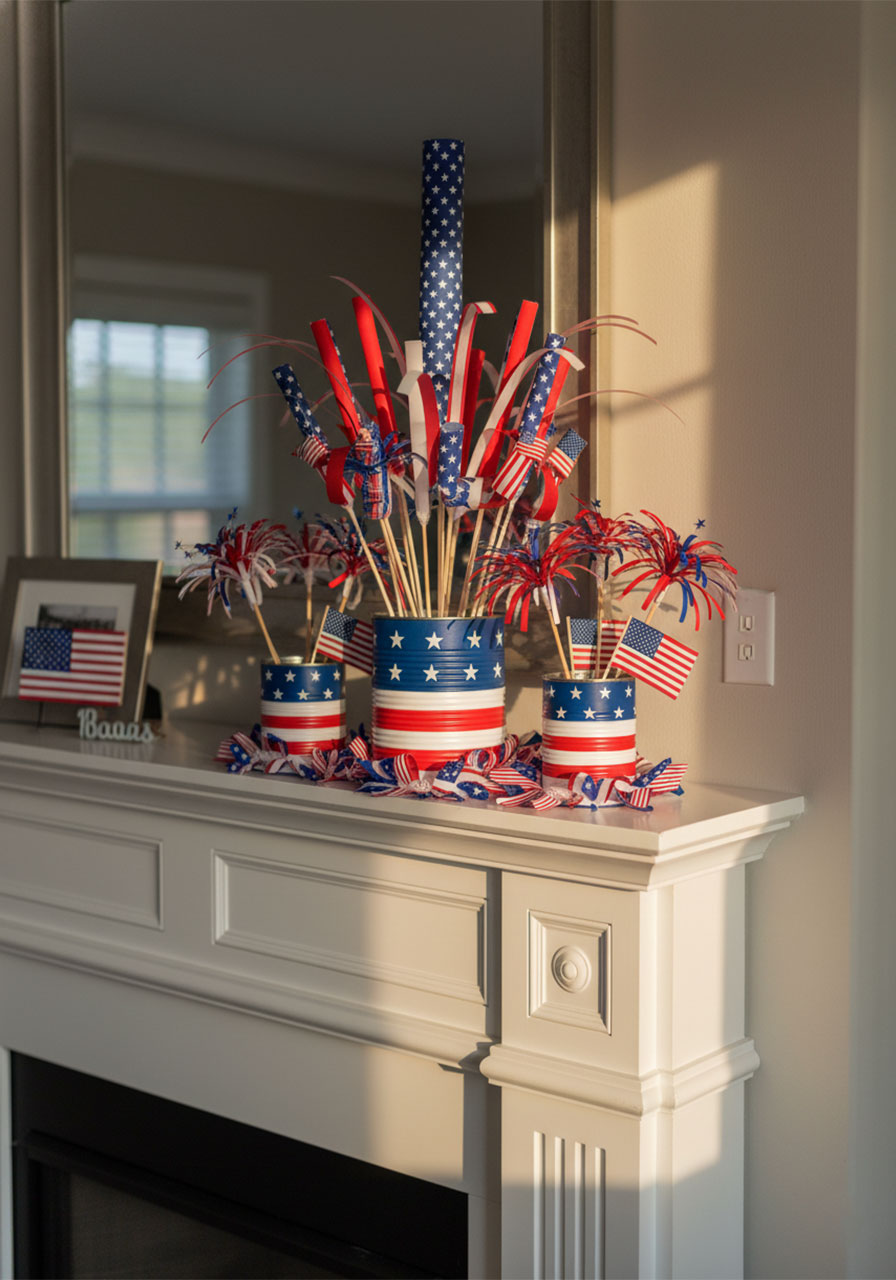 Three tin can fireworks centerpieces grouped together as Fourth of July mantel display patriotic decor