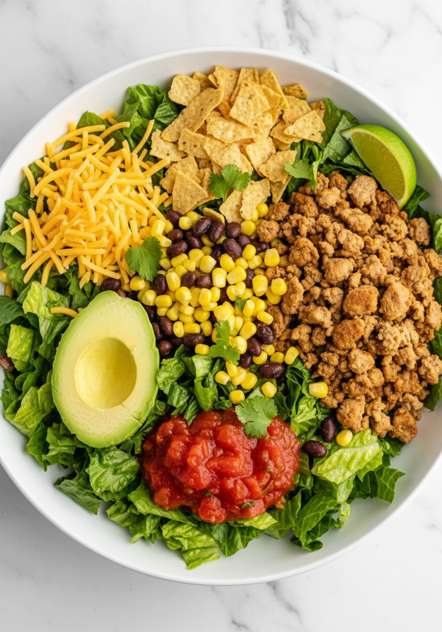 Overhead turkey taco salad bowl with seasoned ground turkey, avocado, salsa, black beans, corn, and crushed tortilla chips