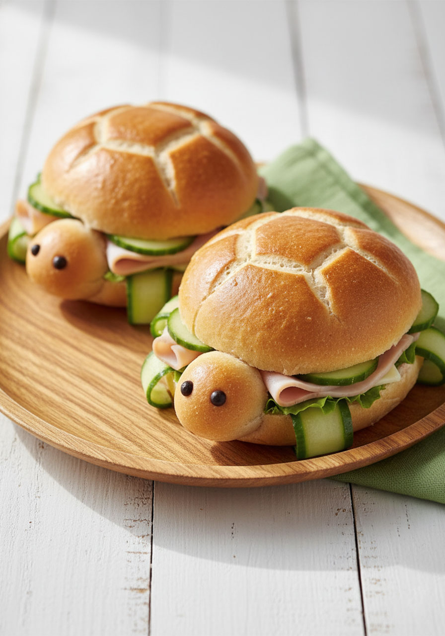 Turtle shaped sandwich sliders with cucumber legs and candy eyes on wooden plate, adorable animal themed party food for kids zoo birthday	