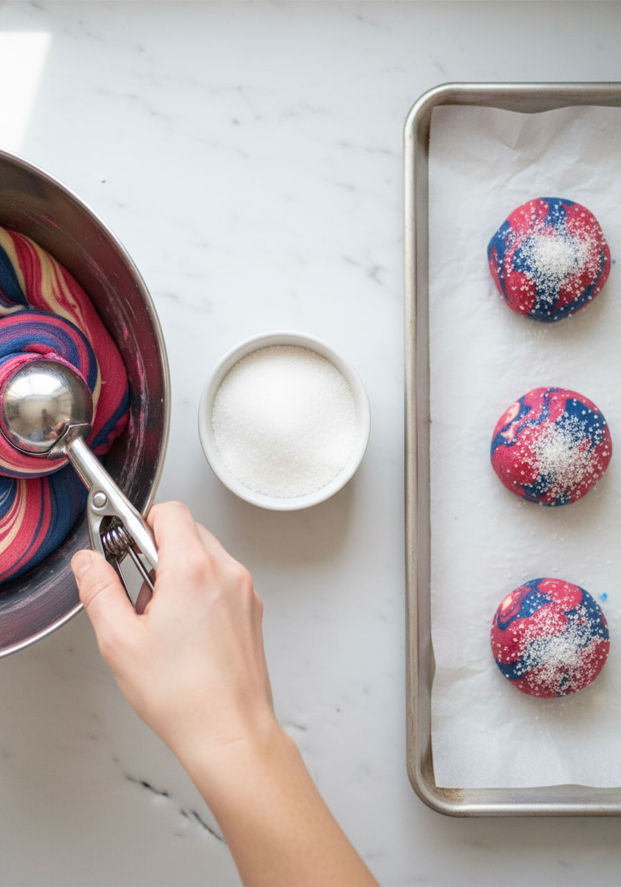 Scooping swirled unicorn cookie dough with a cookie scoop and rolling balls in granulated sugar before baking — easy unicorn cookies recipe step by step
