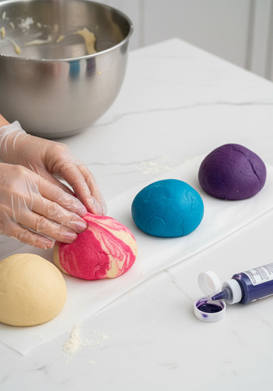 Four portions of unicorn cookie dough being colored with pink, blue, and violet gel food coloring on a marble countertop — step-by-step unicorn cookie tutorial